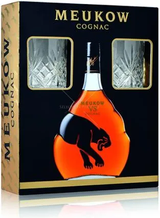 КОНЯК МЮКОВ V.S. BLACK PANTHER 0,7 Л- КУТИЯ+2 ОДИН ЧАШИ / COGNAC MEUKOW V.S. BLACK PANTHER 0,7L BOX+2 GLASSES