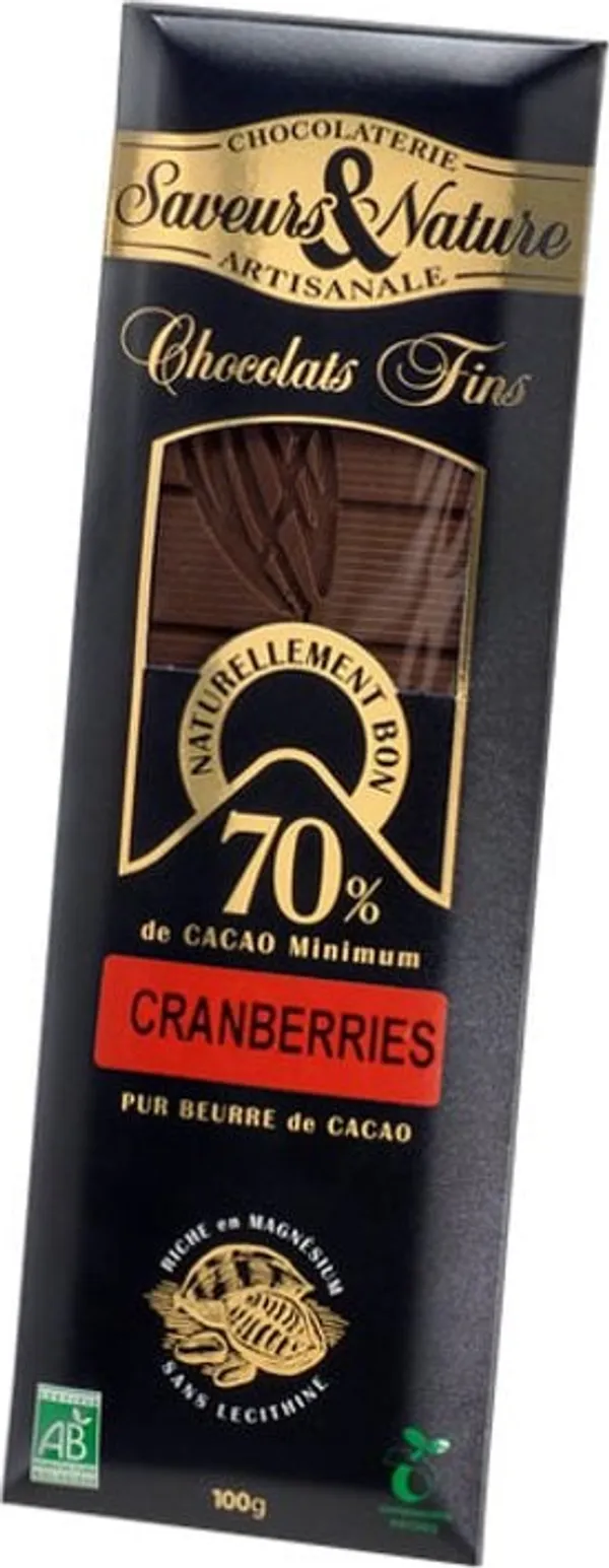 Био шоколад черен 70% какао с червени боровинки 100г