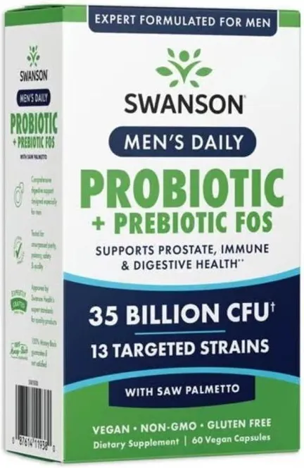 Swanson Men's Daily Probiotic + Prebiotic FOS Мъжки ежедневен Пробиотик  + Пребиотик x 60 капсули