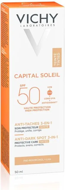 Vichy Ideal Soleil Слънцезащитен тониран крем против пигментни петна 3в1 SPF50+ 50 мл