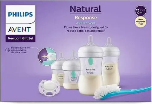 Avent Бутилка Natural Response AirFree 0М+ 125 мл 2 бр + Бутилка Natural Response AirFree 1М+ 260 мл 2 бр + 2 клапи AirFree + Avent Ultra Soft Ортодонтична залъгалка 0-6М + четка Комплект