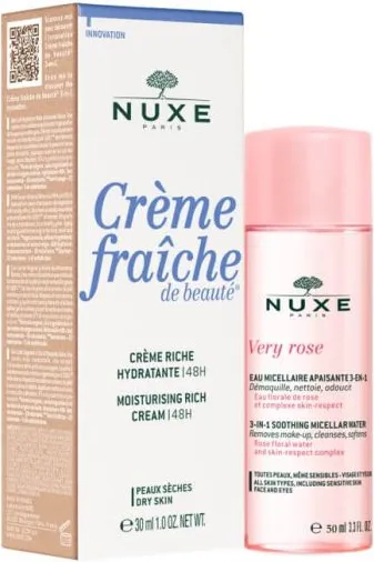 Nuxe Crеme Fraiche de Beaute Хидратиращ обогатен крем за лице за суха кожа 30 мл + Nuxe Very Rose 3в1 Успокояваща мицеларна вода 50 мл Комплект