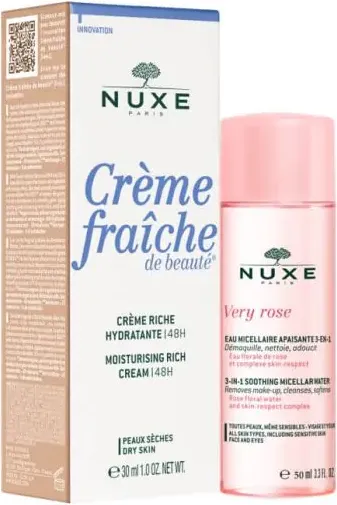 Nuxe Crеme Fraiche de Beaute Хидратиращ обогатен крем за лице за суха кожа 30 мл + Nuxe Very Rose 3в1 Успокояваща мицеларна вода 50 мл Комплект