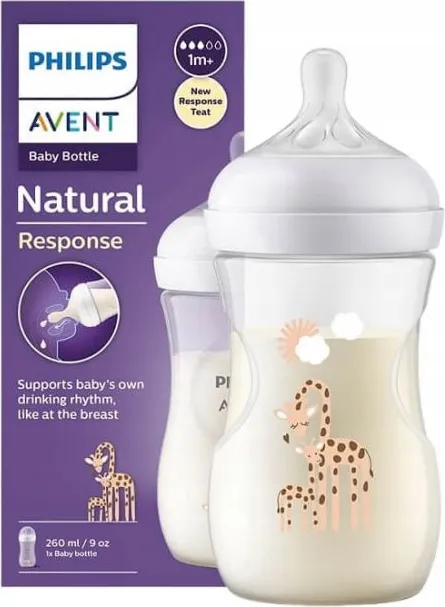 Avent Natural Response Бутилка с биберон със среден поток с картинка за момиче 1М+ 260 мл