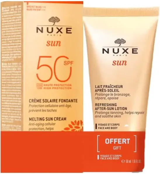 Nuxe Sun Слънцезащитен деликатен крем за лице SPF50 50 мл + Nuxe Sun Лосион за след слънце 50 мл Комплект