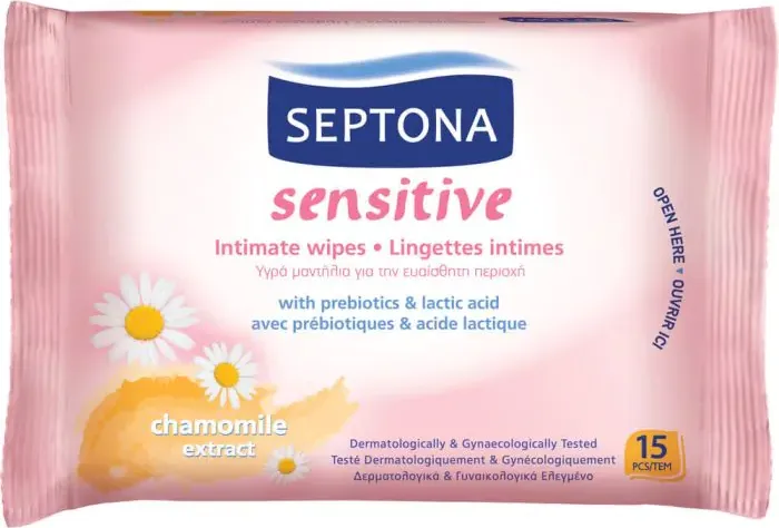 Septona Sensitive Intimate Wipes Интимни мокри кърпи с екстракт от лайка и млечна киселина 15 броя