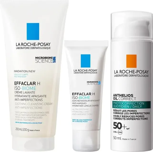 La Roche-Posay Effaclar Н Iso-Biome Успокояващ измиващ крем 200 мл + Effaclar Н Iso-Biome Ултрауспокояваща хидратираща грижа  40 мл + Anthelios Oil Correct Слънцезащитен гел-крем за лице за мазна кожа с несъвършенства SPF50+ 50 мл Комплект