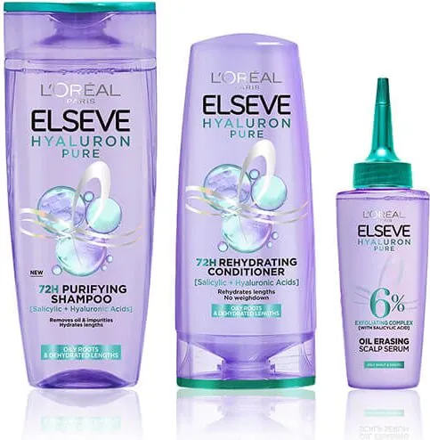 Elseve Hyaluron Pure Серум за коса 102 мл + Elseve Hyaluron Pure Хидратиращ шампоан 400 мл + Elseve Hyaluron Pure Хидратиращ балсам 200 мл Комплект