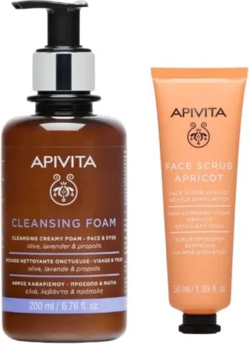 Apivita Cleansing Почистваща кремообразна пяна за лице и очи 200 мл + Apivita Cleansing Нежен ексфолиант за лице с кайсия 50 мл Комплект