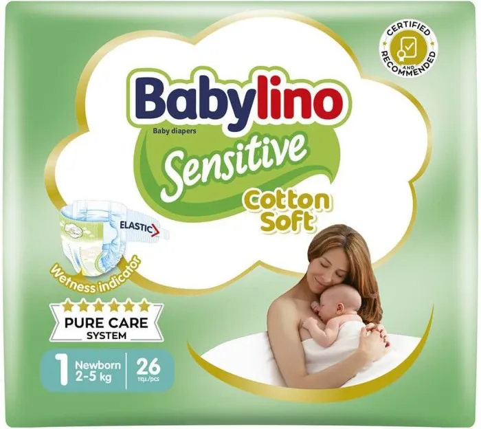 Babylino Sensitive Cotton Soft Пелени за бебета Размер 1 Newborn 2-5 кг 26 броя