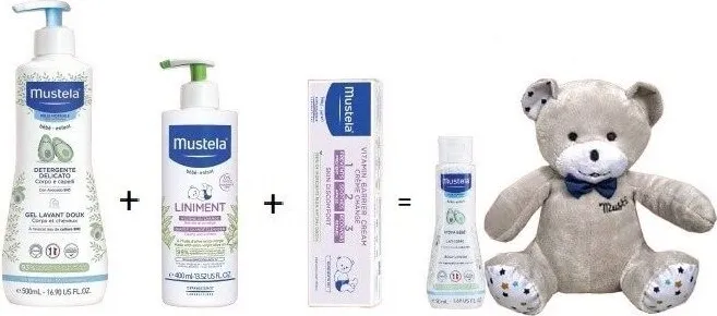 Mustela Нежен Измиващ гел за коса и тяло 500 мл + Mustela Линимент 400 мл + Mustela Витаминен защитен крем против подсичане 1-2-3 150 мл + Подаръци Комплект