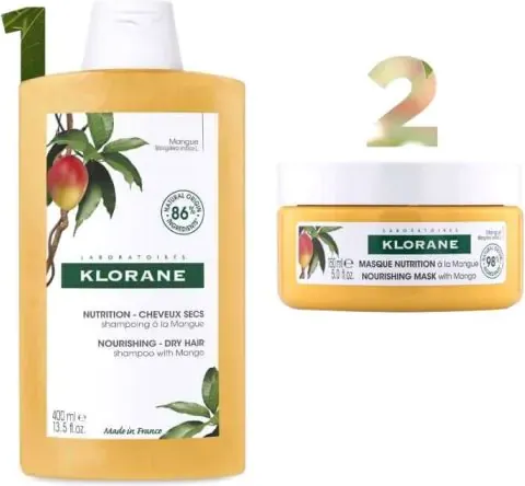 Klorane Подхранващ шампоан с масло от манго за суха коса 400 мл + Klorane Възстановяваща маска за коса с масло от манго 150 мл Комплект