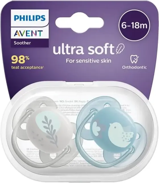 Avent Ultra Soft Ортодонтична залъгалка с кутийка 6-18М птица х 2 броя