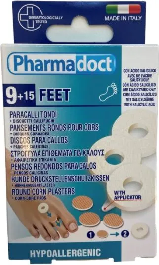 Pharmadoct Feet Кръгли подложки латекс х 9 бр + Калифугатни дискове със салицилова киселина за мазоли х 15 бр