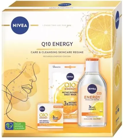 Nivea Q10 Energy Дневен крем против бръчки 50 мл + Мицеларна вода с витамин C 400 мл + Лист маска с витамин C Комплект
