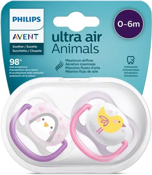 Philips Avent Ultra Air Animals Girl Ортодонтична залъгалка за момиче 0-6М x2 бр