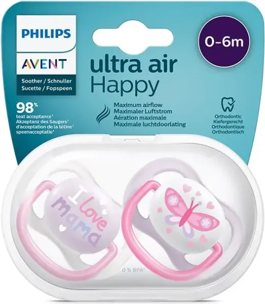 Philips Avent Ultra Air Happy Girl Ортодонтична залъгалка за момиче 0-6М x2 бр