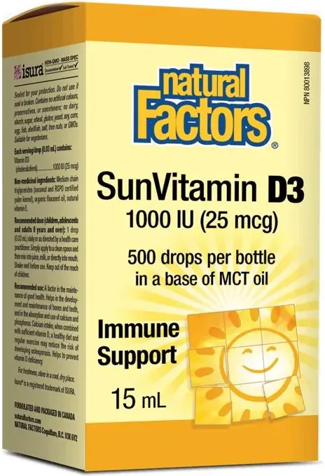 Natural Factors Vitamin D3 за здрави кости и зъби 1000 IU 15 мл / 500 дози