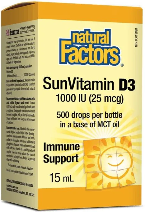 Natural Factors Vitamin D3 за здрави кости и зъби 1000 IU 15 мл / 500 дози