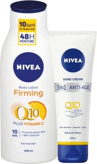 Nivea Стягащ лосион за тяло с Q10 и витамин C 400 мл + Nivea Q10 Anti-Age Care 3in1 Крем за ръце с противостареещ ефект 100 мл Комплект