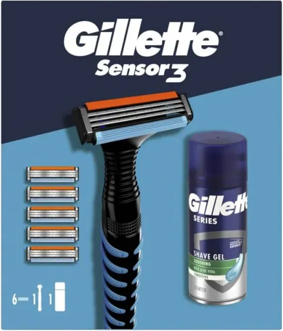 Gillette Simple Sensor 3 Самобръсначка + 5 резервни ножчета + Series Sensitive Гел за бръснене за чувствителна кожа 75 мл Комплект