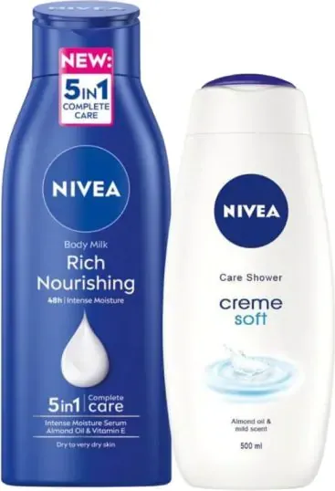 Nivea Rich Nourishing Подхранващо мляко за тяло 400 мл + Nivea Creme Soft Нежен душ-крем за тяло 500 мл Комплект