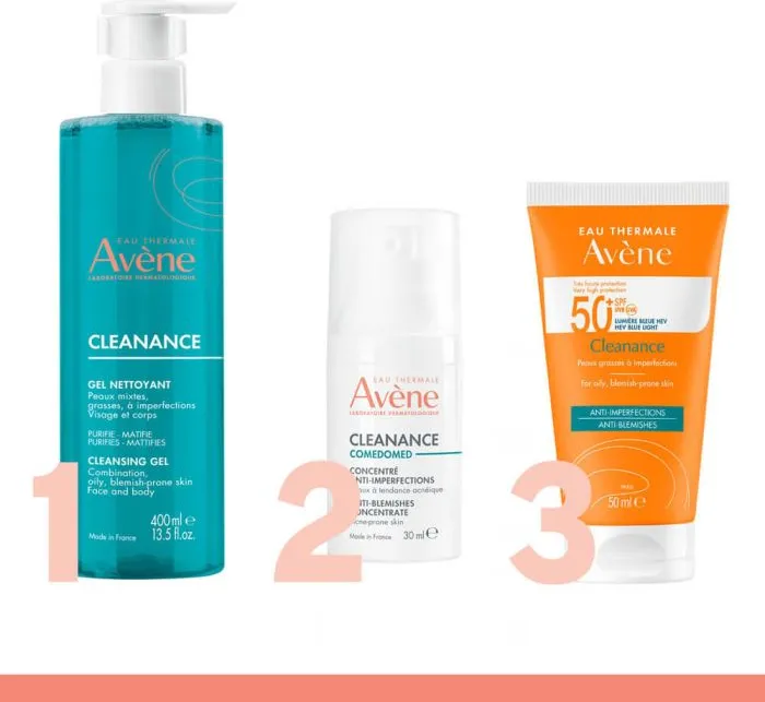 Avene Cleanance Почистващ гел 400 мл + Avene Cleanance Comedomed Концентрат 30 мл Avene Cleanance Слънцезащитен матиращ крем SPF50+ 50 мл Комплект