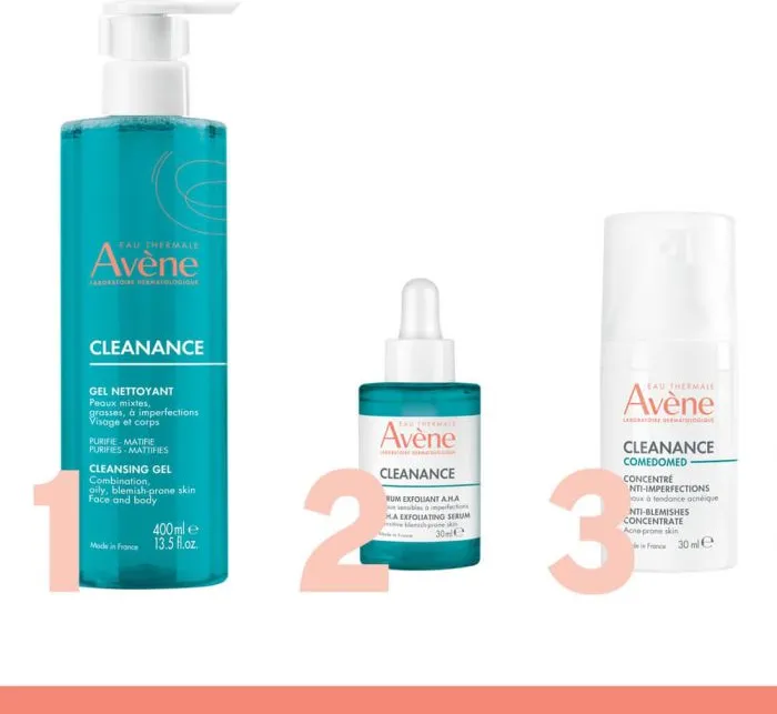 Avene Cleanance Почистващ гел 400 мл + Avene Cleanance A.H.A Ексфолиращ серум 30 мл + Avene Cleanance Comedomed Концентрат 30 мл Комплект