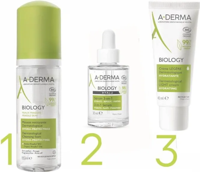 A-Derma Biology Hydra-Protective Почистваща пяна 150 мл + A-Derma Biology Hyalu Серум за лице 3в1 30 мл + A-Derma Biology Дерматологичен хидратиращ лек крем 40 мл Комплект