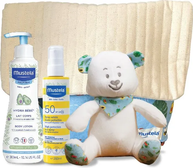 Mustela Промо комплект Слънцезащитен спрей за бебета и деца SPF50, Хидратиращ лосион за тяло, Детска раничка и плюшено мече