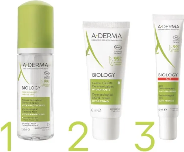 A-Derma Biology Hydra-Protective Почистваща пяна за лице с хидратиращ и предпазващ ефект 150 мл + Biology Дерматологичен хидратиращ лек крем 40 мл + Biology A-R Дерматологична грижа срещу зачервявания 40 мл Комплект