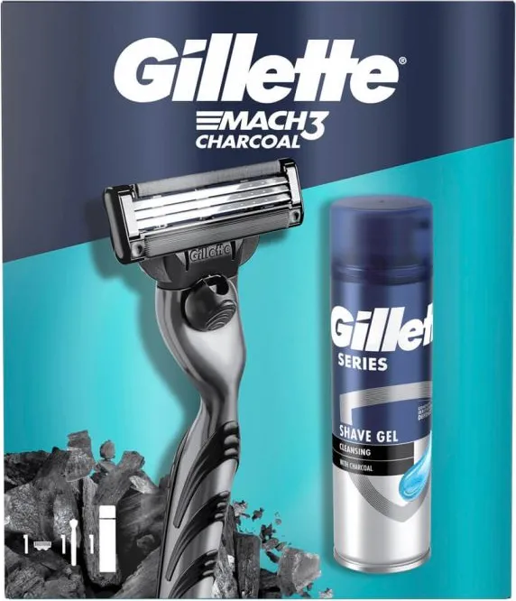 Gillette Коледа 2024 Gillette Mach 3 Charcoal Самобръсначка + Гел Gillette Charcoal 200 мл. Комплект