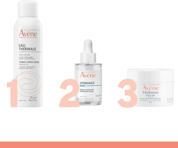 Avene Термална вода спрей 150 мл + Avene Hydrance Boost Хидратиращ серум-концентрат за лице 30 мл + Avene Hydrance Хидратиращ аква гел-крем 50 мл Комплект