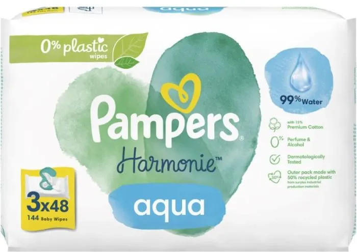 Pampers Aqua Harmonie Baby Wipes Бебешки мокри кърпички с капак 3 х 48 бр Комплект