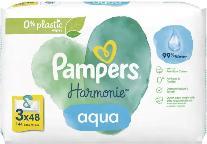 Pampers Aqua Harmonie Baby Wipes Бебешки мокри кърпички с капак 3 х 48 бр Комплект