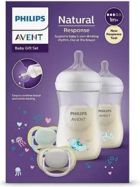 Avent Natural Response Sea Deco Бутилка с биберон среден поток 1М+ 260 мл х2 бр + Avent Ultra Air Залъгалка 0-6М х2 бр Комплект