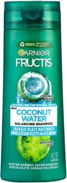 Garnier Fructis Hydra Pure Coconut Water Укрепващ шампоан за коса с кокосова вода за мазни корени и сухи краища 250 мл