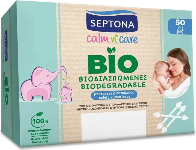 Septona Baby Calm n’ Care Биоразградими клечки за уши с ограничител х50 бр