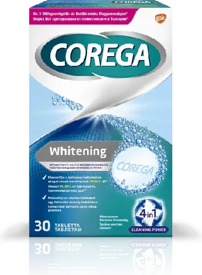 Corega Whitening Избелващи таблетки за почистване на протези x30 бр