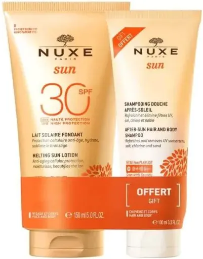Nuxe Sun Слънцезащитен деликатен лосион за лице и тяло SPF30 150 мл + Nuxe Sun Шампоан за коса и тяло за след слънце 100 мл Комплект