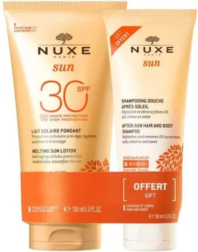 Nuxe Sun Слънцезащитен деликатен лосион за лице и тяло SPF30 150 мл + Nuxe Sun Шампоан за коса и тяло за след слънце 100 мл Комплект