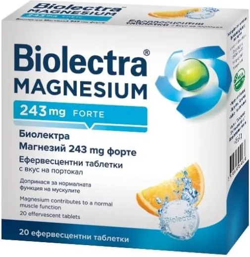 Biolectra Magnesium Forte За мускулите и нервната система с вкус на портокал 243 мг 20 ефервесцентни таблетки Hermes