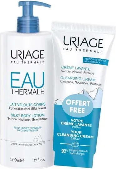 Uriage Eau Thermale Лосион за тяло за 24-часова хидратация за суха и чувствителна кожа 500 мл + Подарък: Uriage Creme Lavante Измиващ крем за лице, тяло и коса 200 мл Комплект