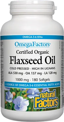 Natural Factors Flaxseed Oil Ленено масло за нормално кръвно налягане и нисък холестерол 1000 мг х 180 софтгел капсули