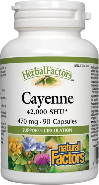 Natural Factors Cayenne Лют червен пипер за подобряване на кръвообращението 470 мг х 90 капсули