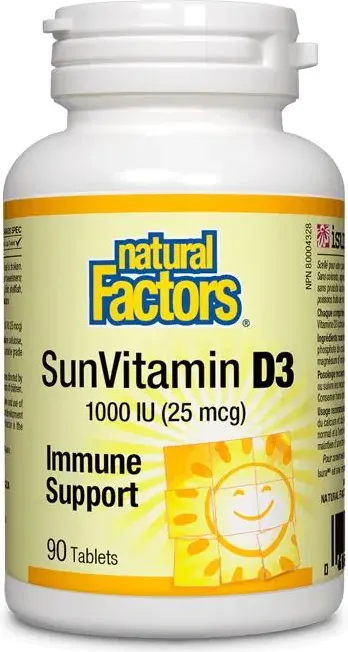 Natural Factors Sun Vitamin D3 за здрави кости и зъби 1000 IU х 90 таблетки