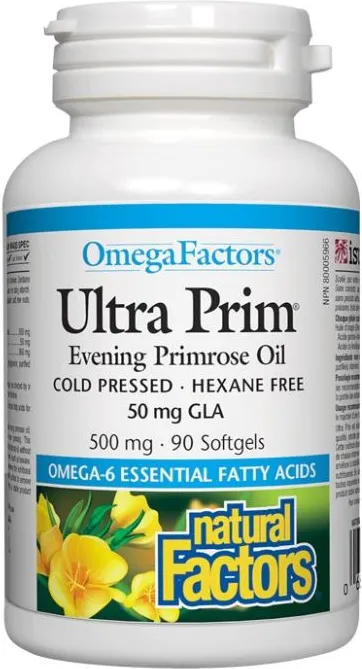 Natural Factors Ultra Prim Evening Primrose Oil Масло от вечерна иглика масло при ПМС и менопауза 500 мг х 90 капсули