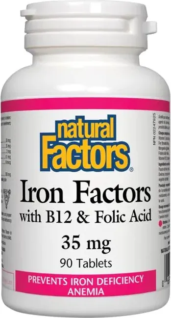 Natural Factors Iron Factors with B12 & Folic Acid за здравословни нива на хемоглобин в тялото 35 мг х 90 таблетки