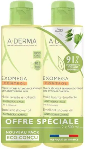 A-Derma Exomega Control Емолиентно душ-олио за суха и атопична кожа 2 х 500 мл Комплект