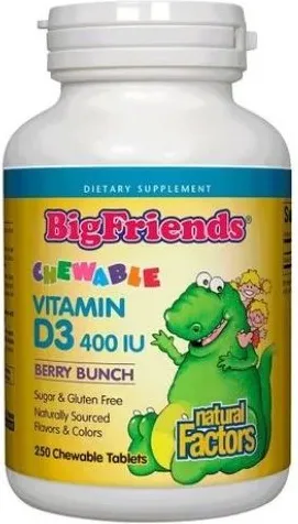 Natural Factors Big Friends витамин D3 за деца с плодов вкус 400IU х250 дъвчащи таблетки